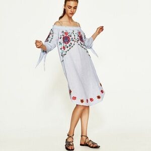Zara linen off the shoulder embroidered dress size S